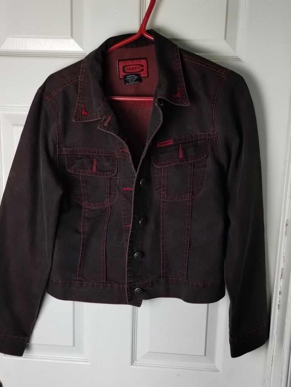 Crest Dark Color Jean Jacket with Red Stitching Accents. Med.